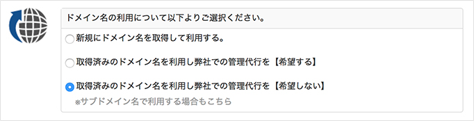 お申し込み画面：ドメイン名利用選択